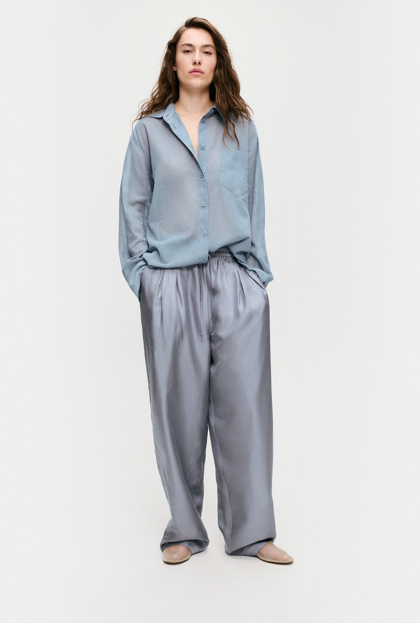 Sheer Cotton Pleated Yoke Shirt Storm