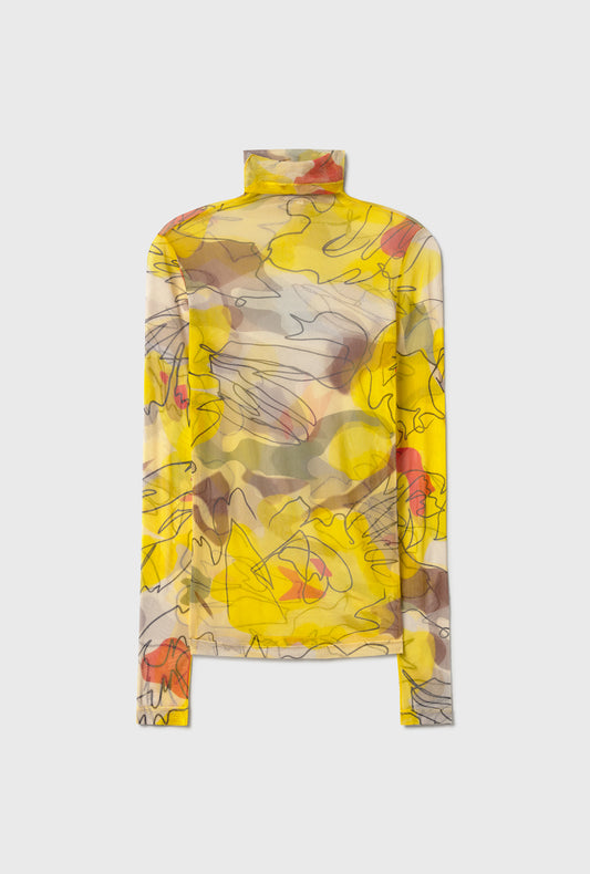 MESH TURTLENECK SUNFLOWER FLORAL