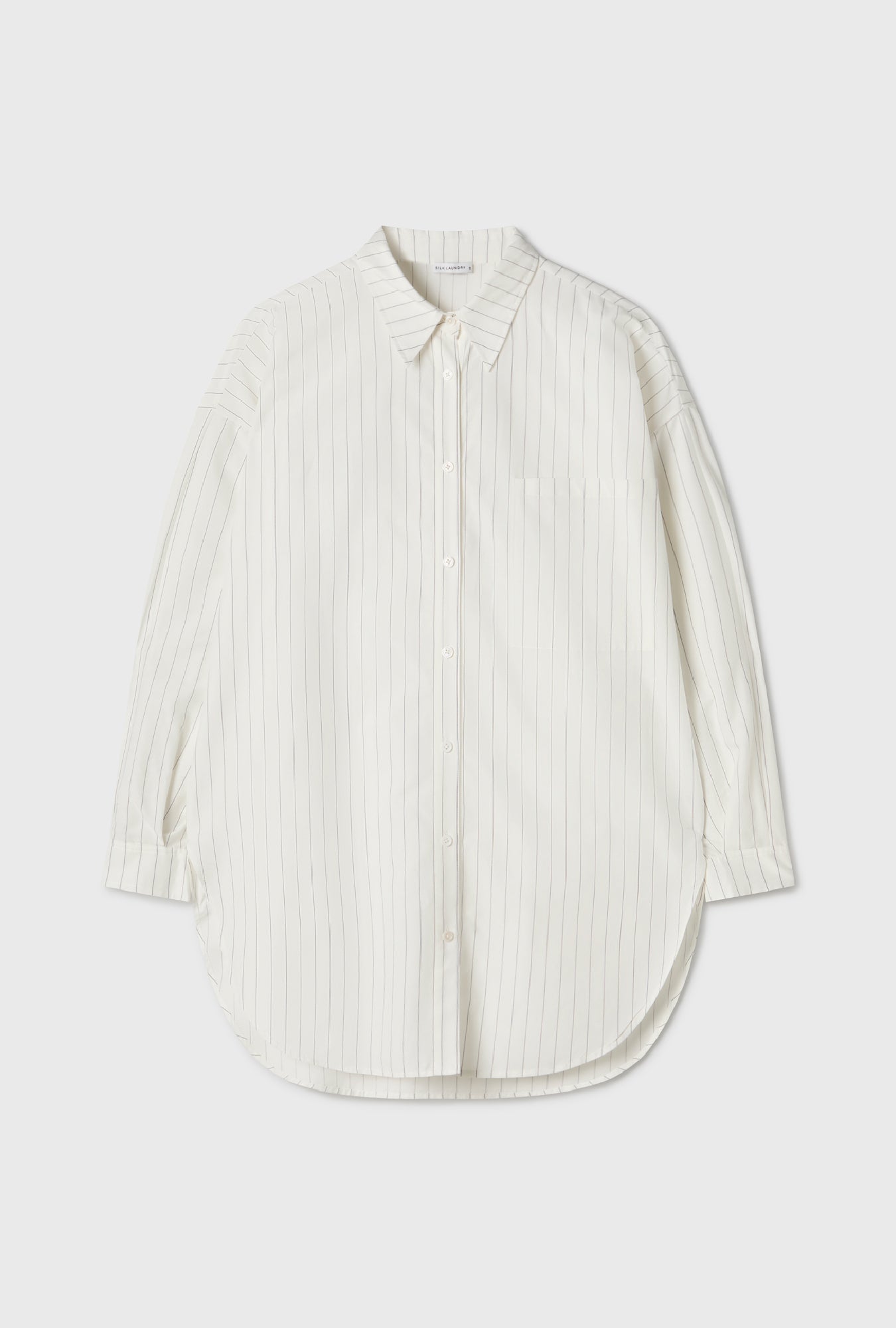Cotton Silk Round Shirt White Pinstripe