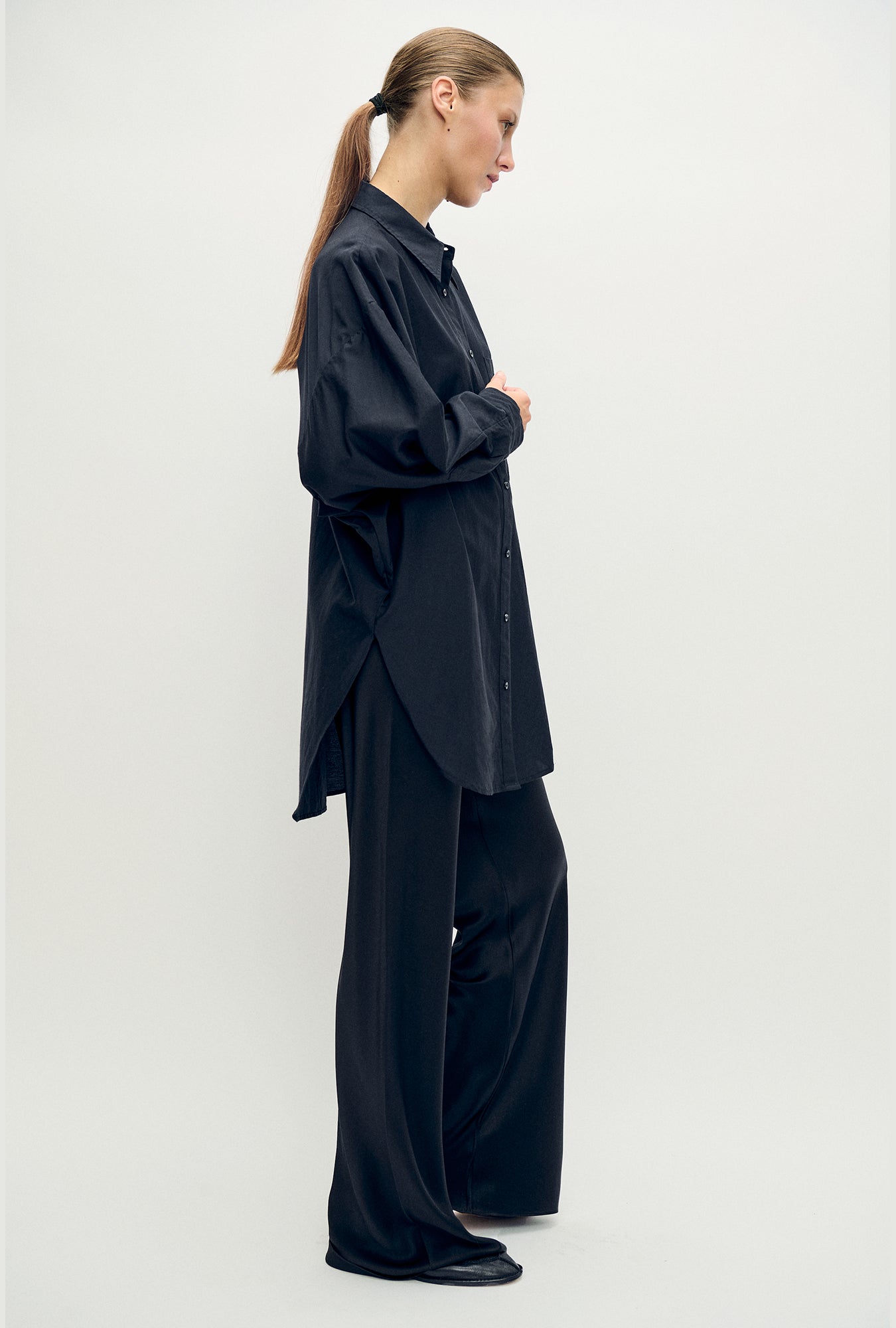 Cotton Silk Round Shirt Black