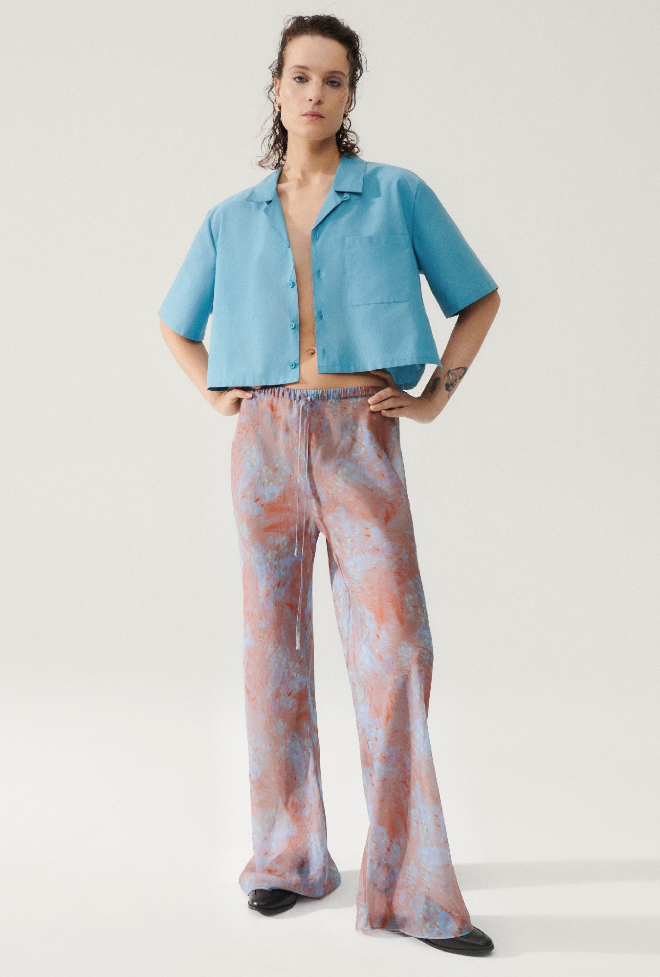 COTTON SILK CROPPED CAMP SHIRT LAKE