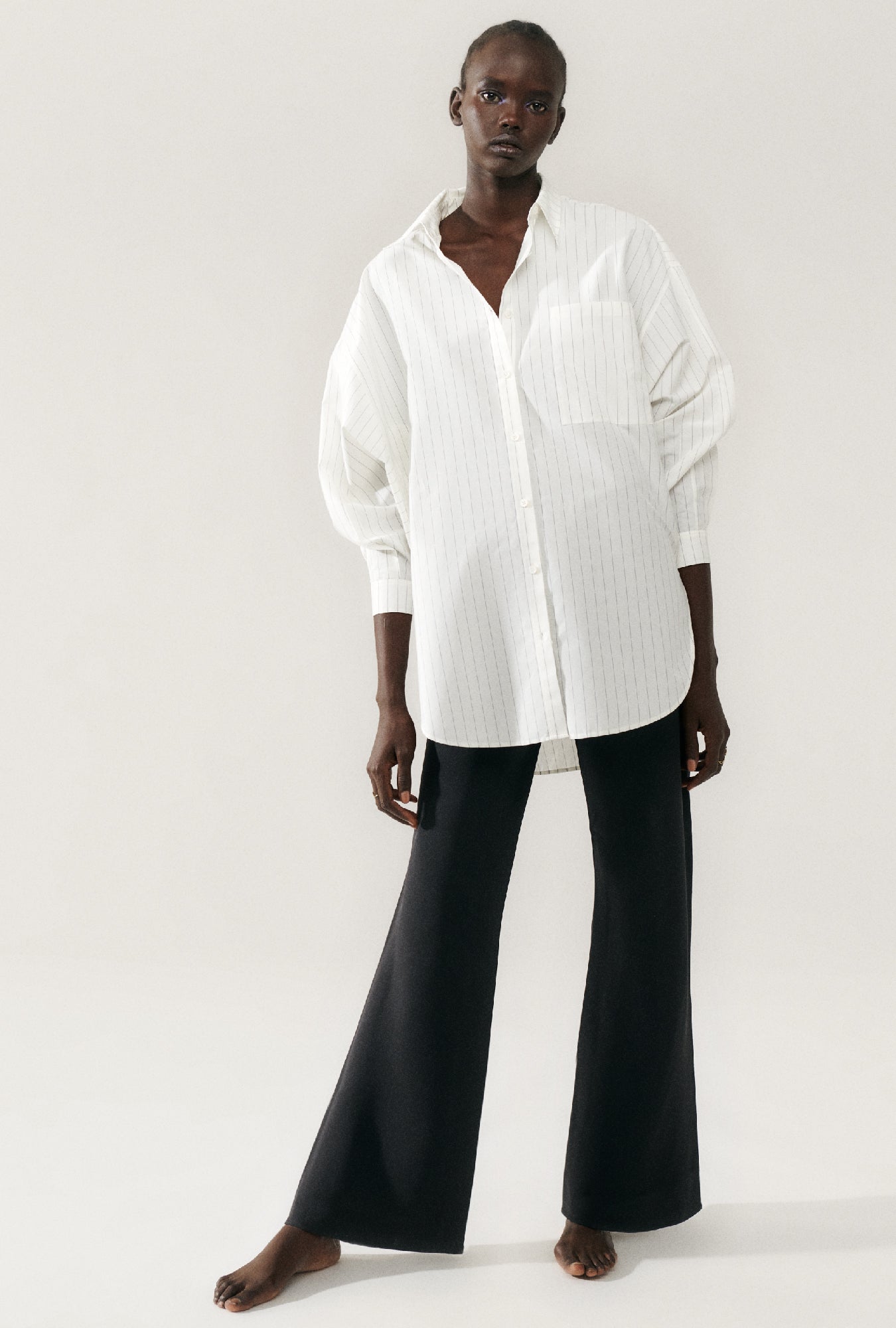 Cotton Silk Round Shirt White Pinstripe