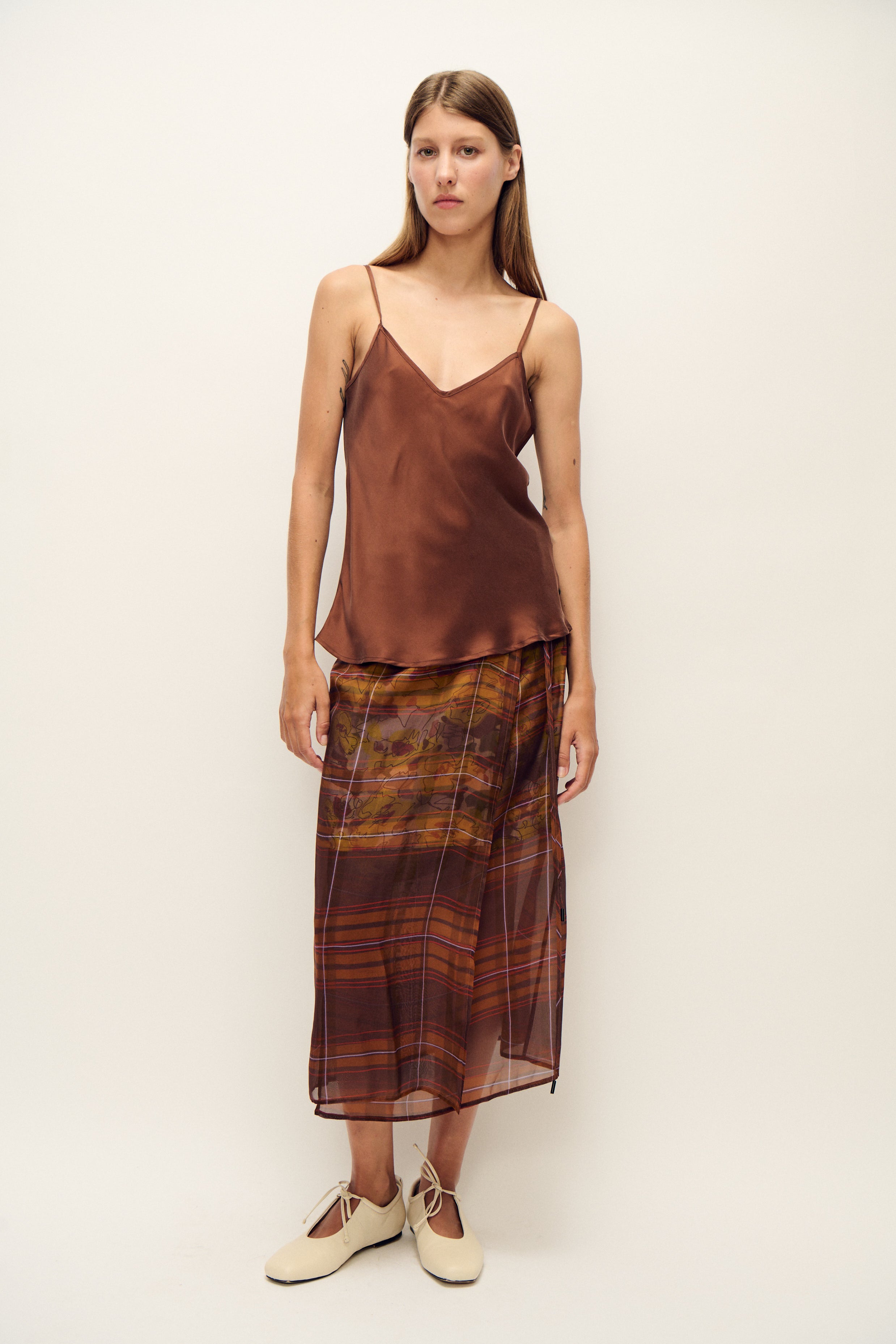 CHIFFON WRAP SKIRT ROOT PLAID / SUNFLOWER FLORAL