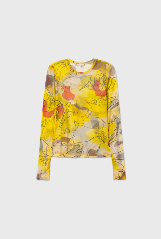 MESH LONG SLEEVE TOP SUNFLOWER FLORAL