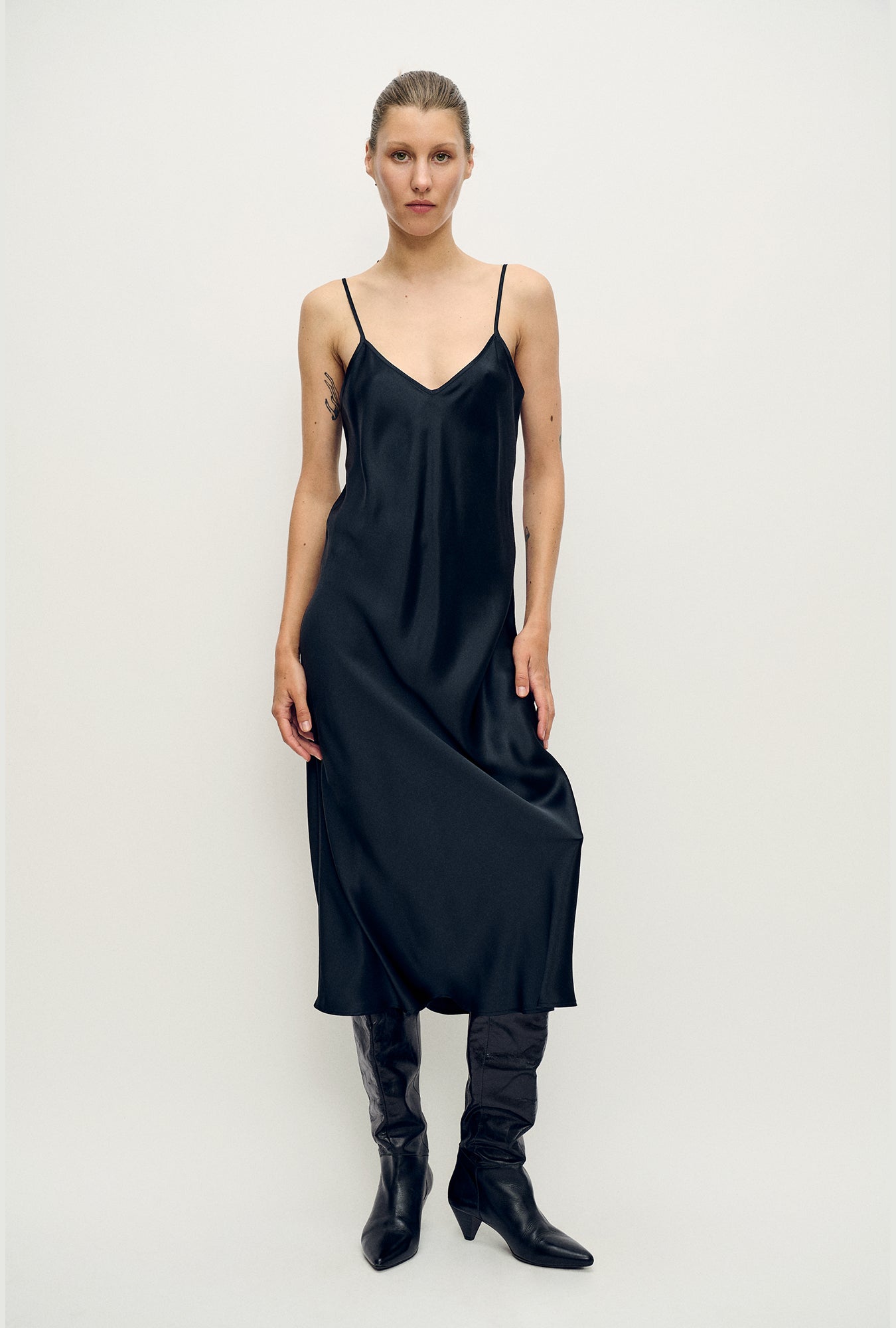 90S Slip Dress Black Satin