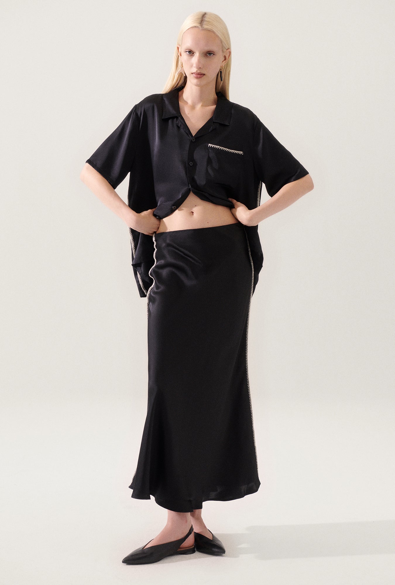 Long Bias Cut Skirt Blanket Stitch Black
