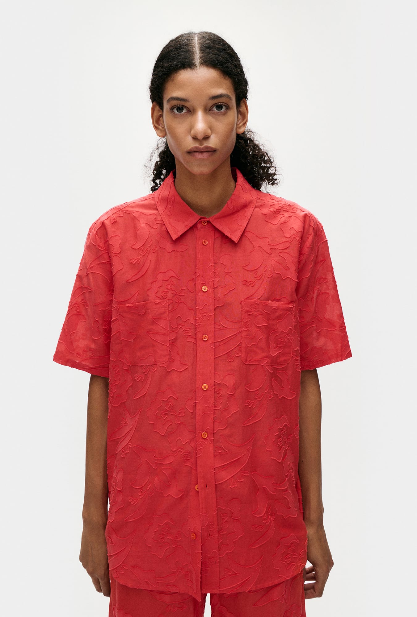 Clip Silk Short Sleeve Boyfriend Shirt Geranium